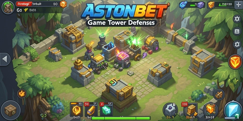 Screenshot gameplay ASTONBET yang menunjukkan pertahanan menara yang strategis.