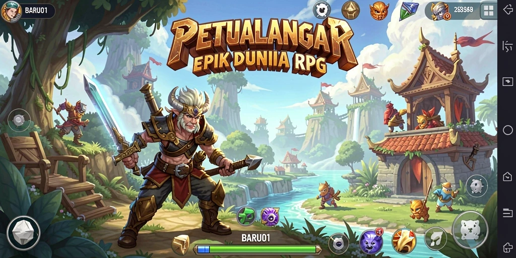 Screenshot gameplay BARU01 menampilkan pertarungan epik di dunia fantasi.