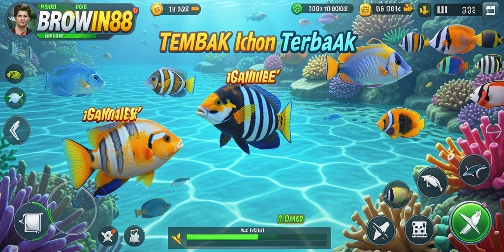 Tampilan gameplay BROWIN88 saat menembak ikan di lautan.