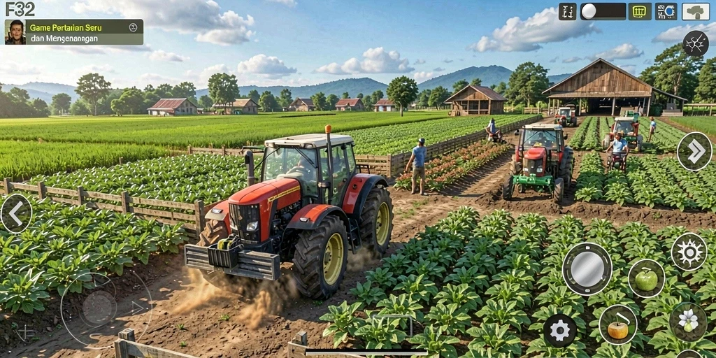 Screenshot gameplay F32 menampilkan kebun yang subur dan beragam tanaman.