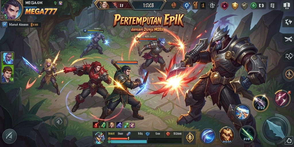 Tangkapan layar gameplay MEGA777 yang menggambarkan pertempuran MOBA yang intens.