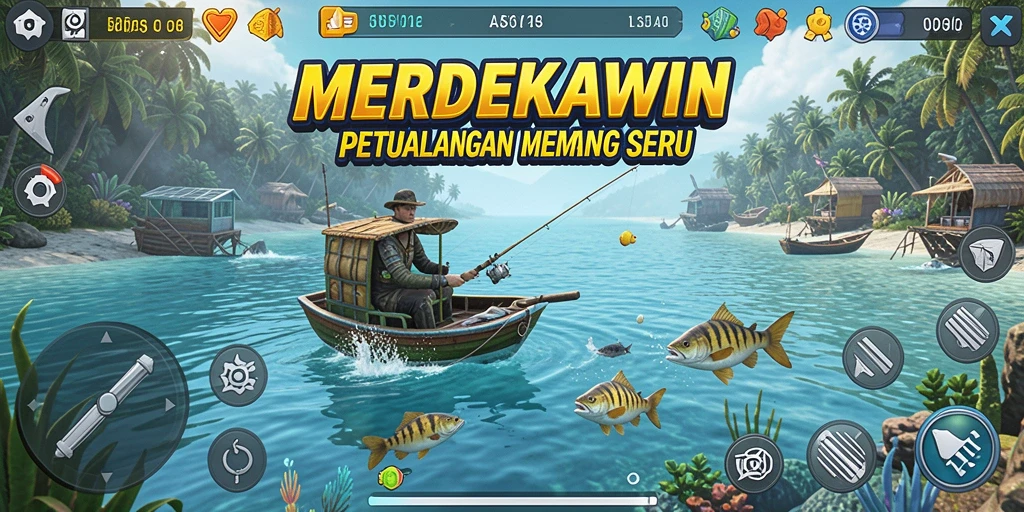 Tampilan gameplay MERDEKAWIN yang menampilkan serunya memancing.