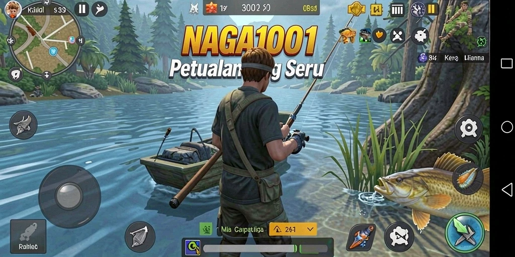 Tampilan gameplay NAGA1001 dengan berbagai ikan dan lokasi memancing.