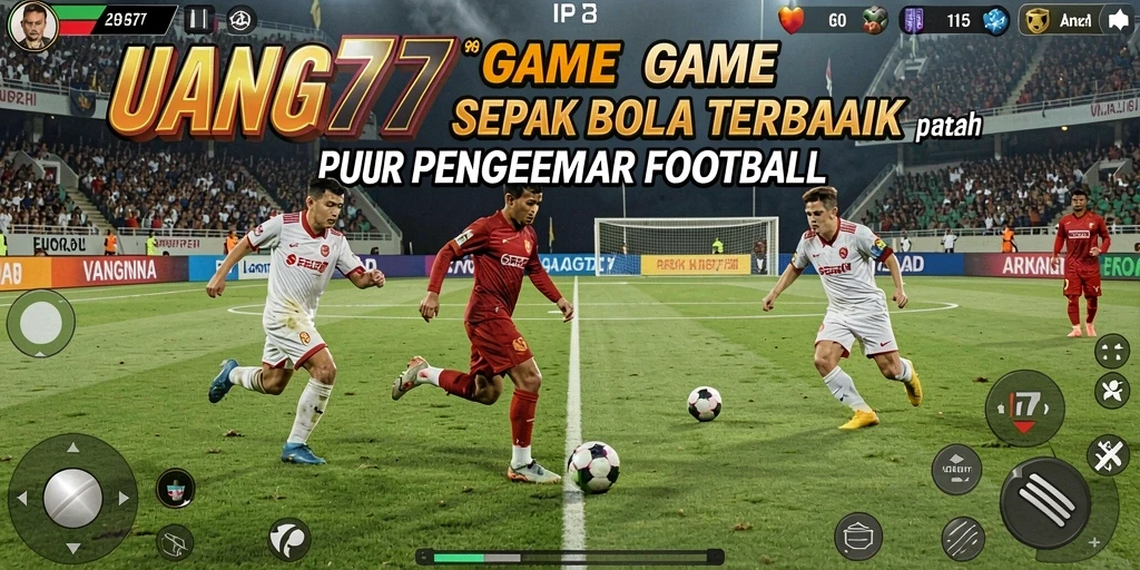Screenshot gameplay UANG77 menampilkan aksi seru di lapangan sepak bola.